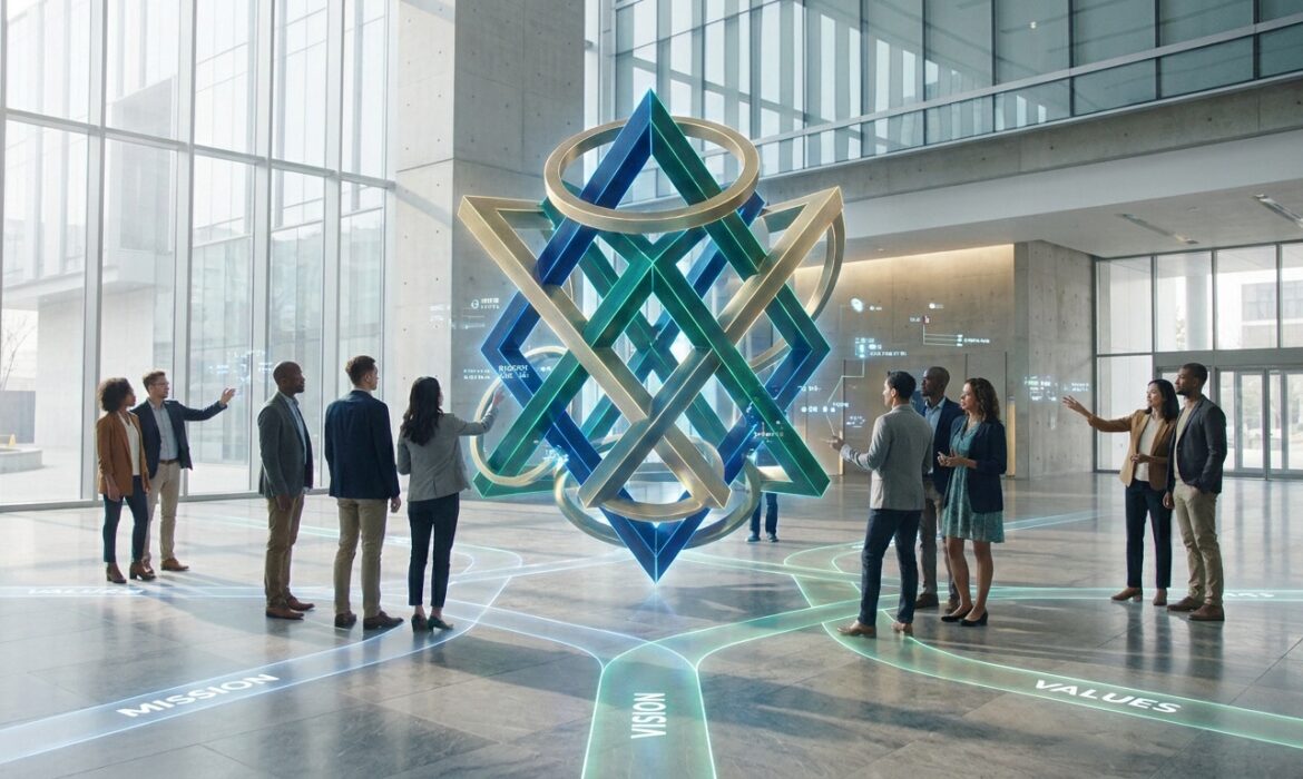 Groupe de professionnels observant une structure géométrique holographique symbolisant l'identité de marque dans un hall.