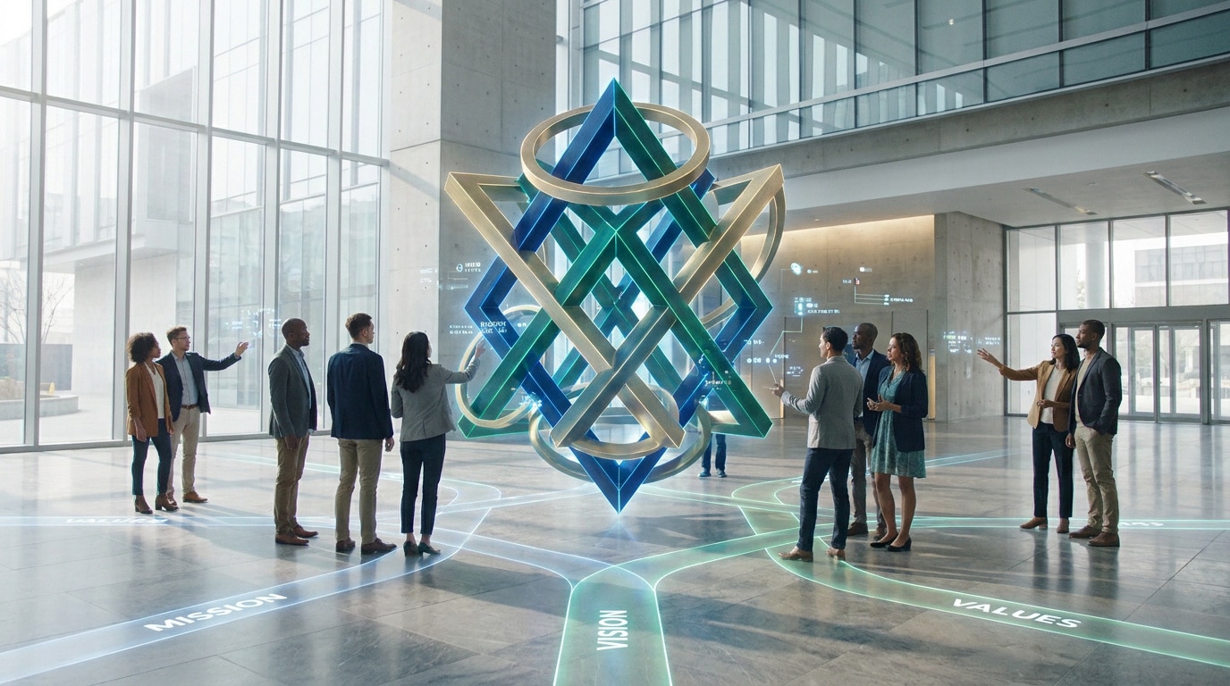 Groupe de professionnels observant une structure géométrique holographique symbolisant l'identité de marque dans un hall.