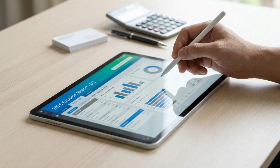 Une main utilise un stylet sur une tablette affichant un rapport de dépenses du deuxième trimestre 2026.