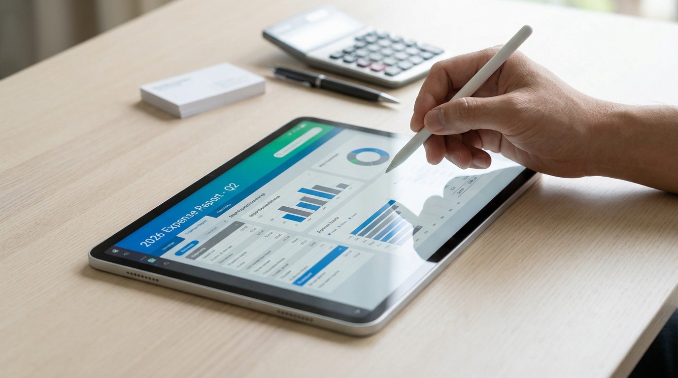 Une main utilise un stylet sur une tablette affichant un rapport de dépenses du deuxième trimestre 2026.