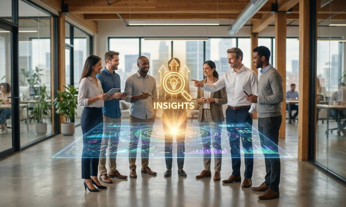 Une équipe de professionnels examine une interface holographique de données et d'analyses dans un bureau moderne.