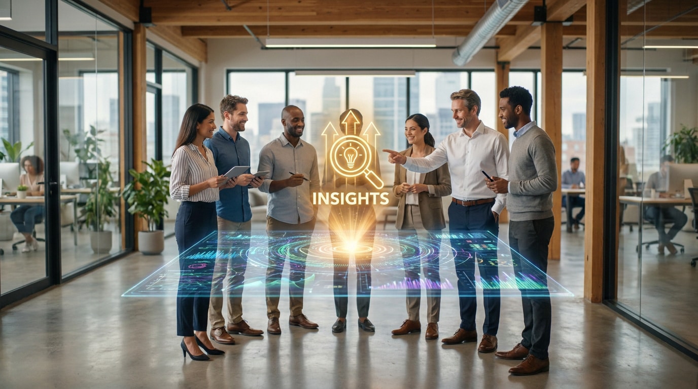 Une équipe de professionnels examine une interface holographique de données et d'analyses dans un bureau moderne.