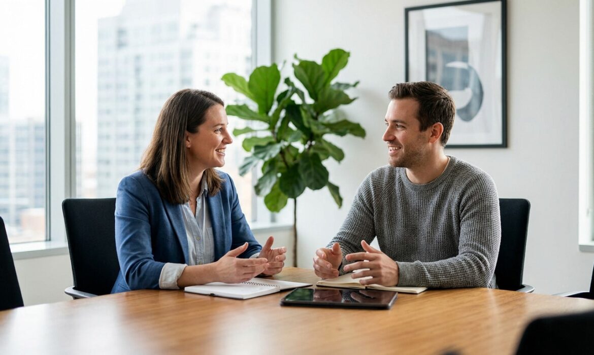 Une femme et un homme discutent professionnellement en face à face dans un bureau lumineux.