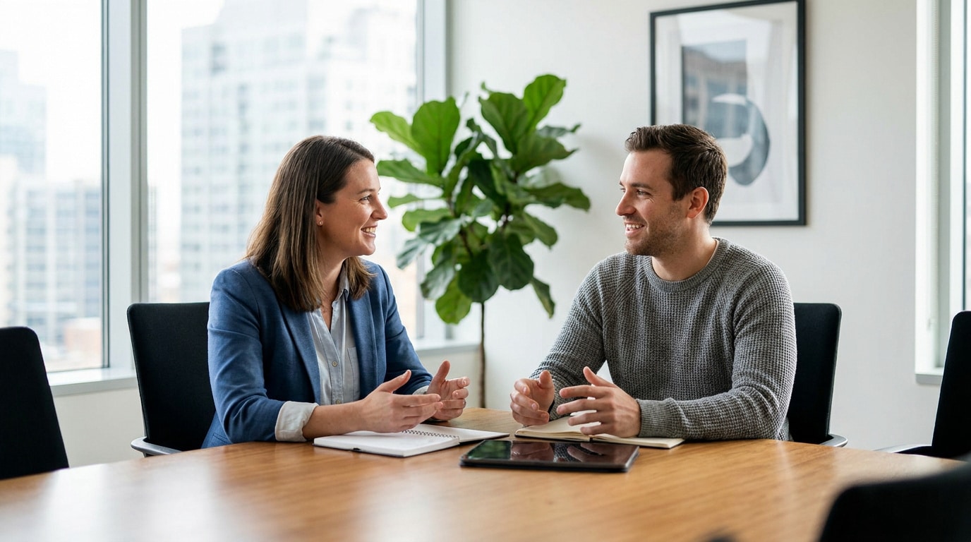 Une femme et un homme discutent professionnellement en face à face dans un bureau lumineux.