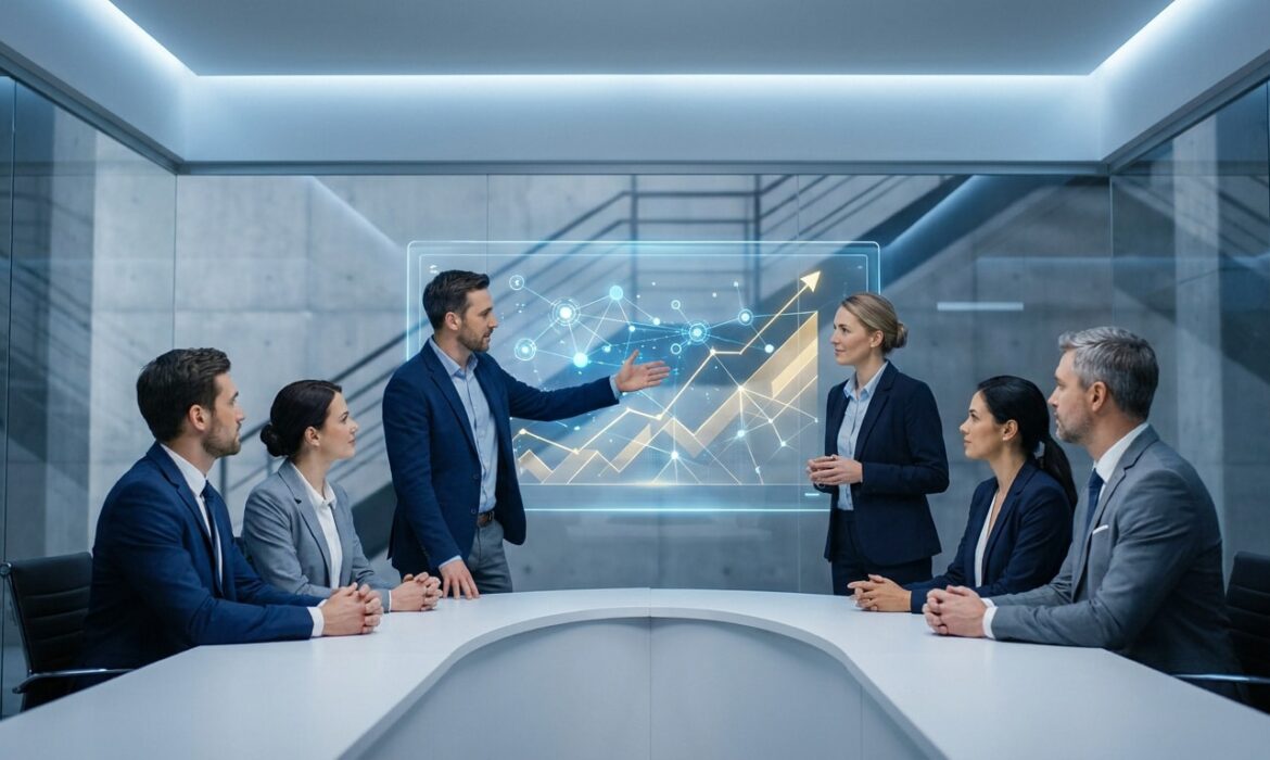 Une équipe de cadres en réunion devant un écran holographique affichant des données et un graphique de croissance.
