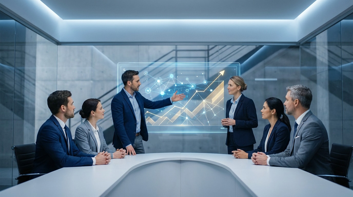 Une équipe de cadres en réunion devant un écran holographique affichant des données et un graphique de croissance.
