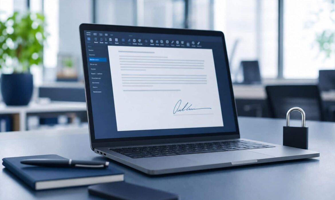 Ordinateur portable avec document signé et cadenas