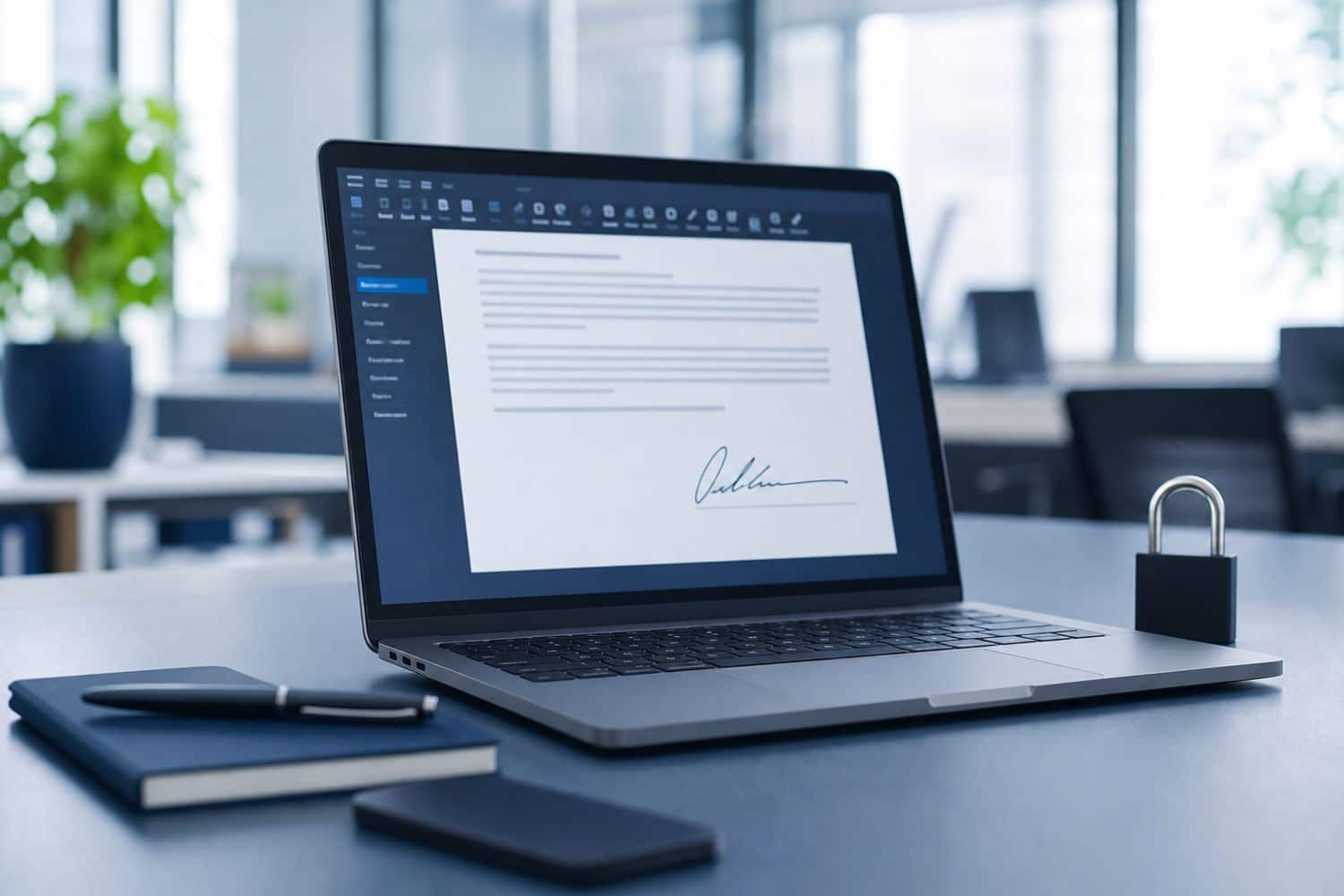 Ordinateur portable avec document signé et cadenas