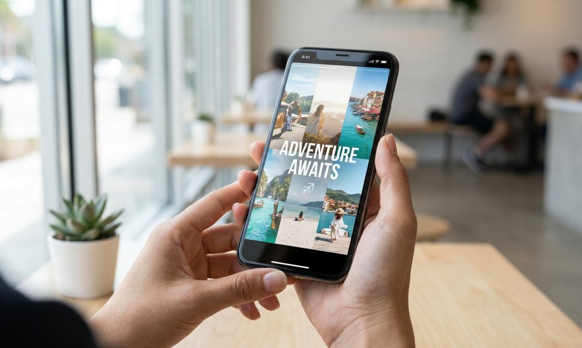 Mains tenant un smartphone affichant une Story Instagram intitulée « Adventure Awaits » avec un collage de photos de voyage.