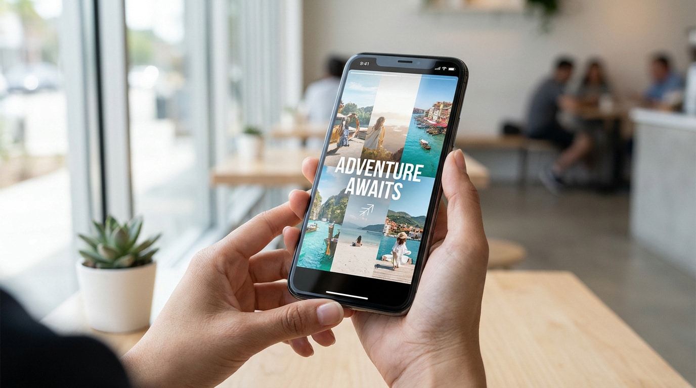 Mains tenant un smartphone affichant une Story Instagram intitulée « Adventure Awaits » avec un collage de photos de voyage.