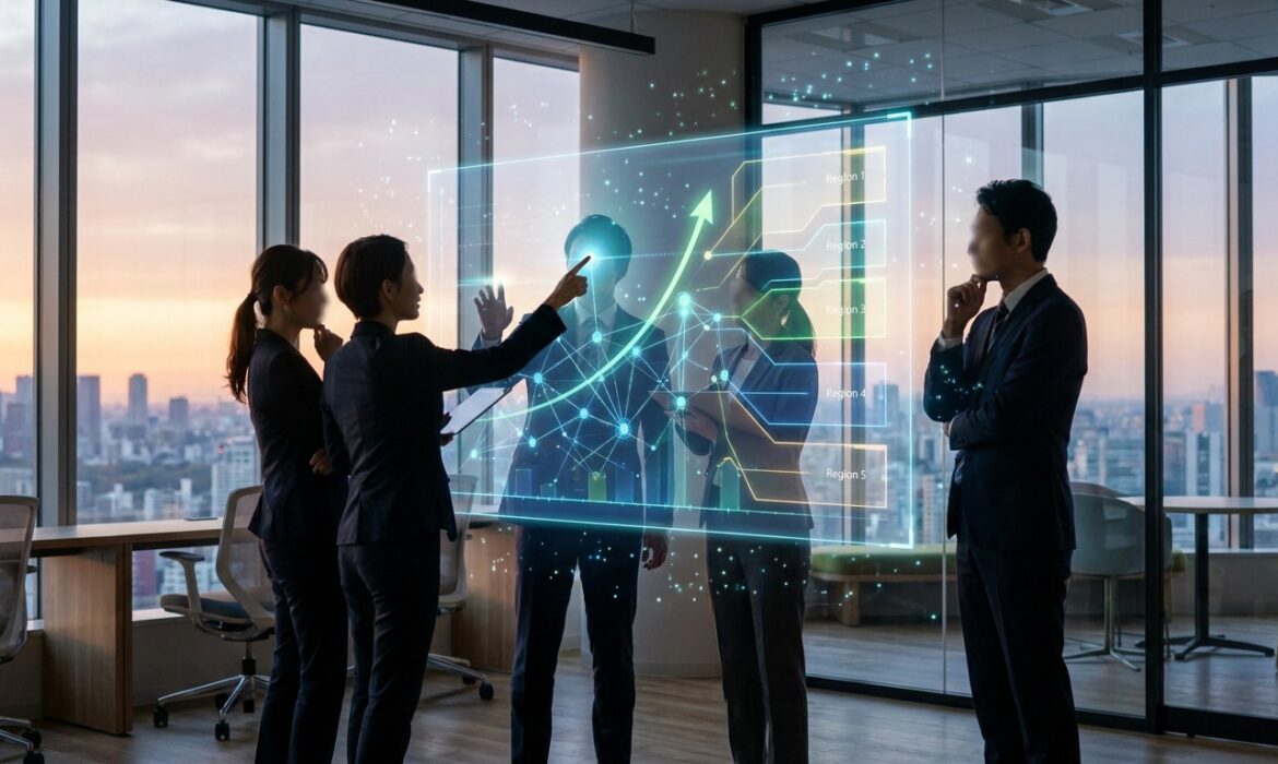 Une équipe d'affaires analyse des données de croissance sur un écran holographique dans un bureau avec vue panoramique.