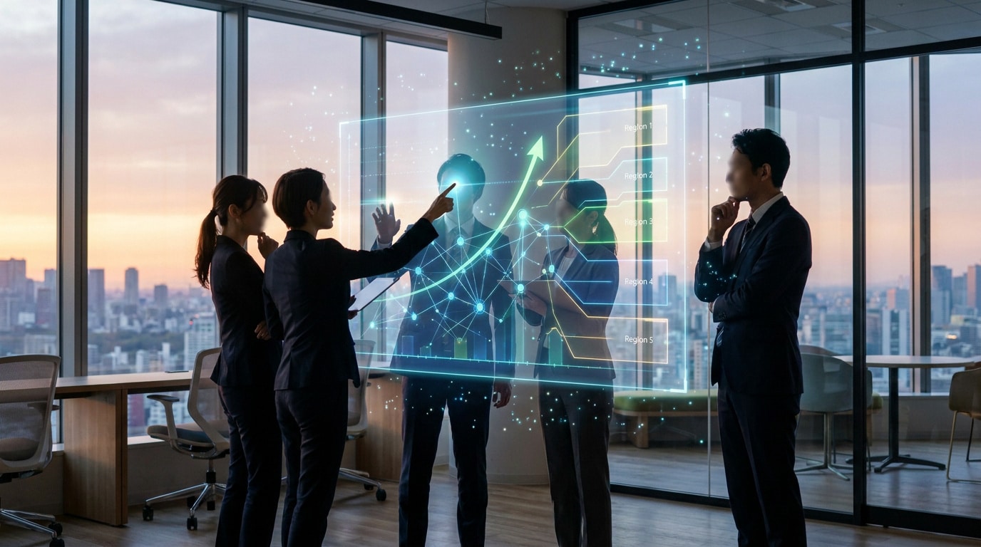 Une équipe d'affaires analyse des données de croissance sur un écran holographique dans un bureau avec vue panoramique.
