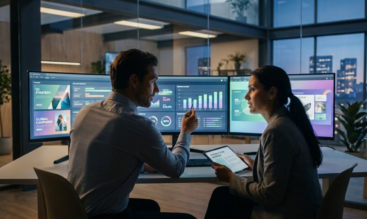 Un homme et une femme analysent des données de campagne publicitaire sur des écrans dans un bureau moderne la nuit.