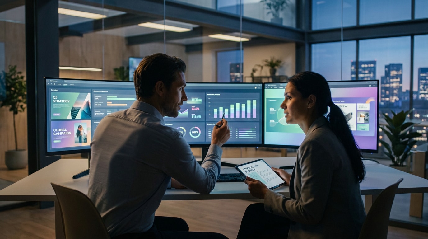 Média planner : piloter la stratégie publicitaire Un homme et une femme analysent des données de campagne publicitaire sur des écrans dans un bureau moderne la nuit.