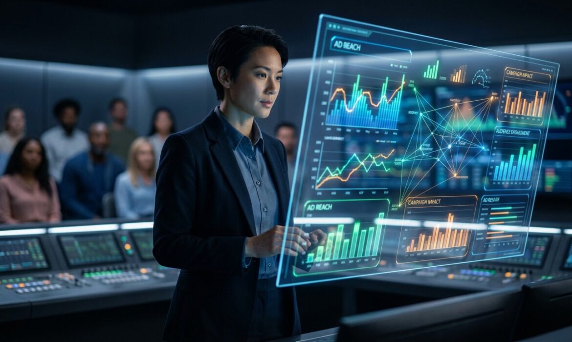 Une experte en marketing analyse des données publicitaires sur un écran holographique futuriste devant une équipe.