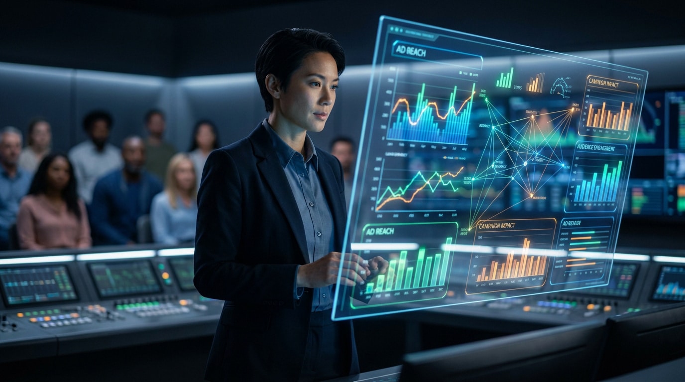 Une experte en marketing analyse des données publicitaires sur un écran holographique futuriste devant une équipe.