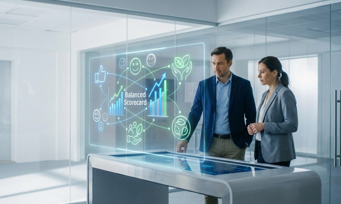 Un homme et une femme analysent une interface numérique holographique représentant un tableau de bord stratégique.