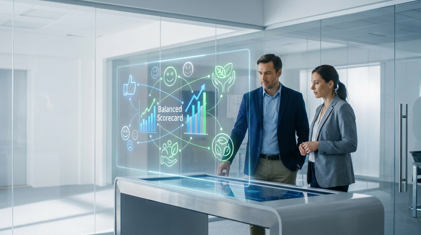 Un homme et une femme analysent une interface numérique holographique représentant un tableau de bord stratégique.
