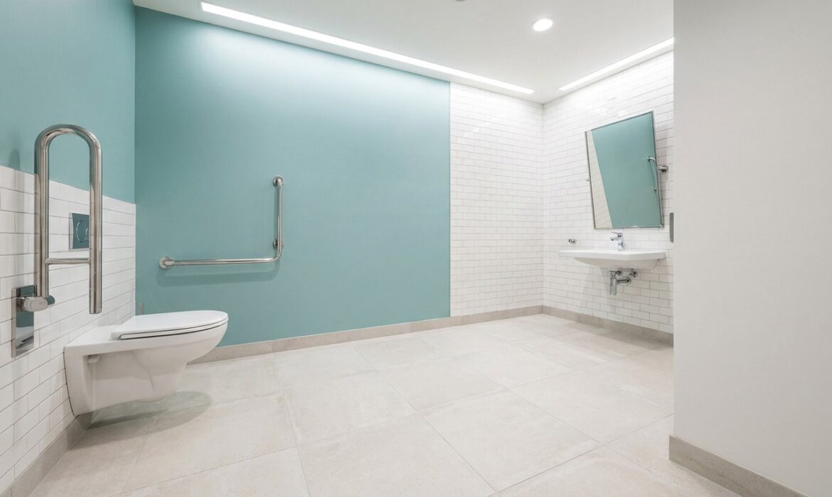 Toilettes accessibles PMR avec barres d'appui, lavabo suspendu et murs en carrelage blanc et peinture bleu turquoise.