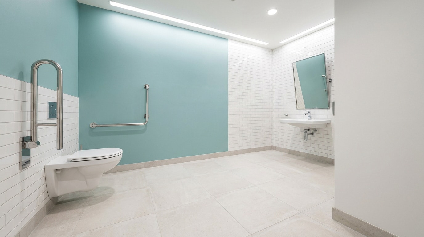 Toilettes accessibles PMR avec barres d'appui, lavabo suspendu et murs en carrelage blanc et peinture bleu turquoise.