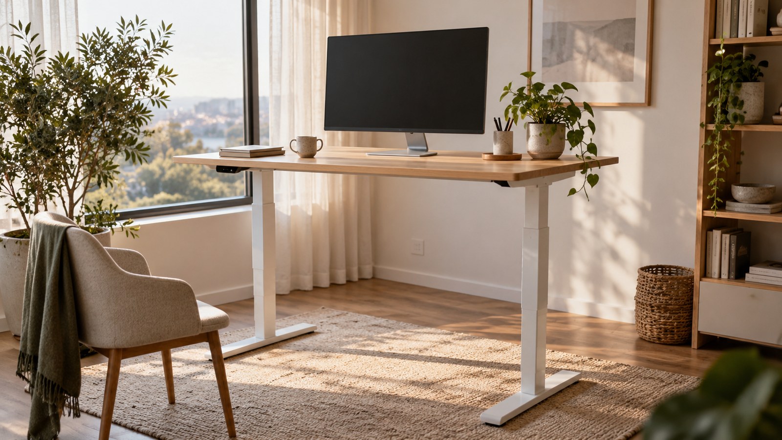 Bureau assis-debout réglable en hauteur dans un open space